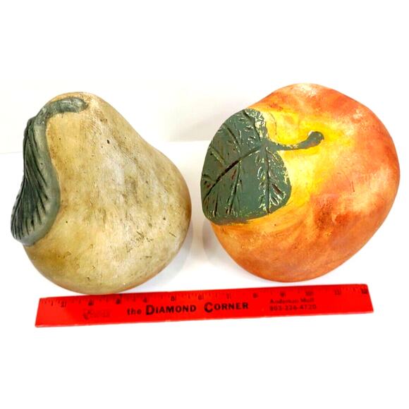 Chalked Ceramic Fruit Pair Apple and Pear Leaf Shelf Decor 6.5" Farmhouse - Picture 4 of 11